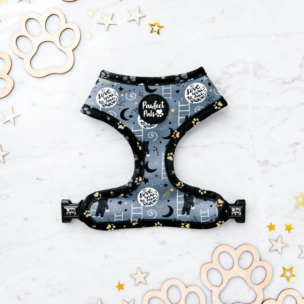 To the moon and back side of the I Love You BEARy Much reversible harness.