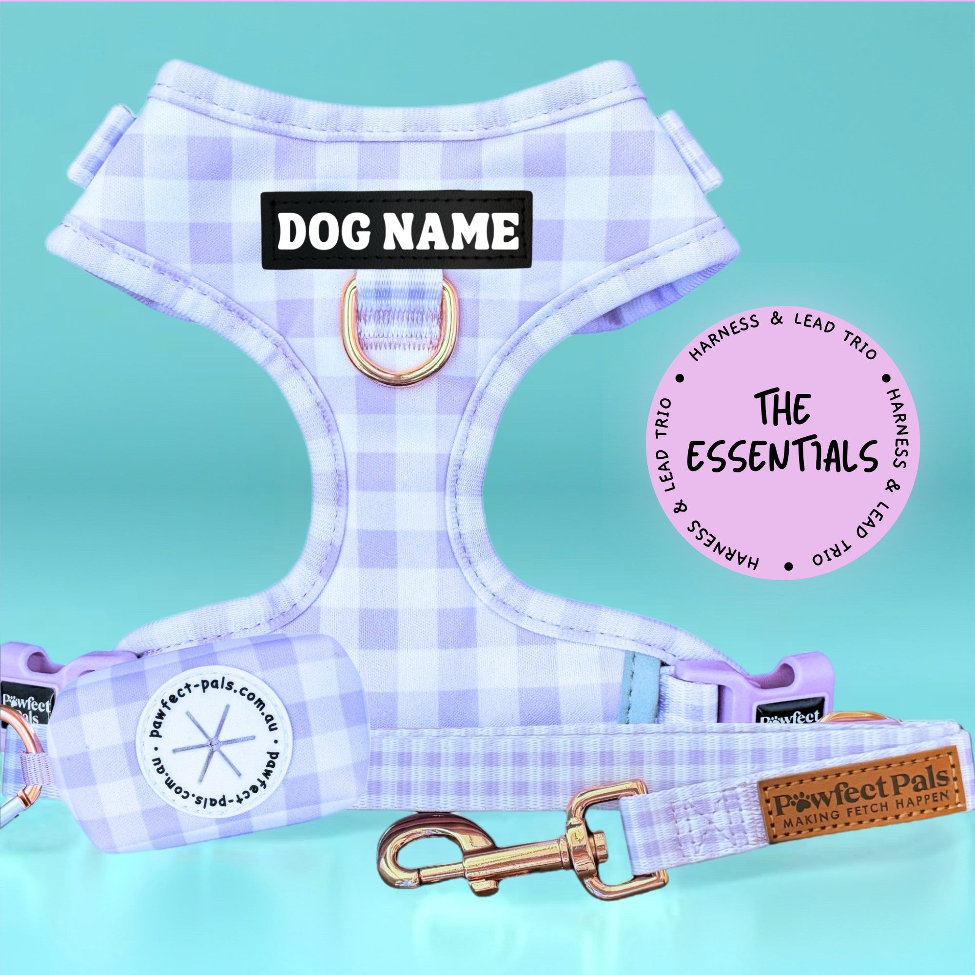 Purple Gingham Personalised Adjustable Harness Trio – Pawfect Pals