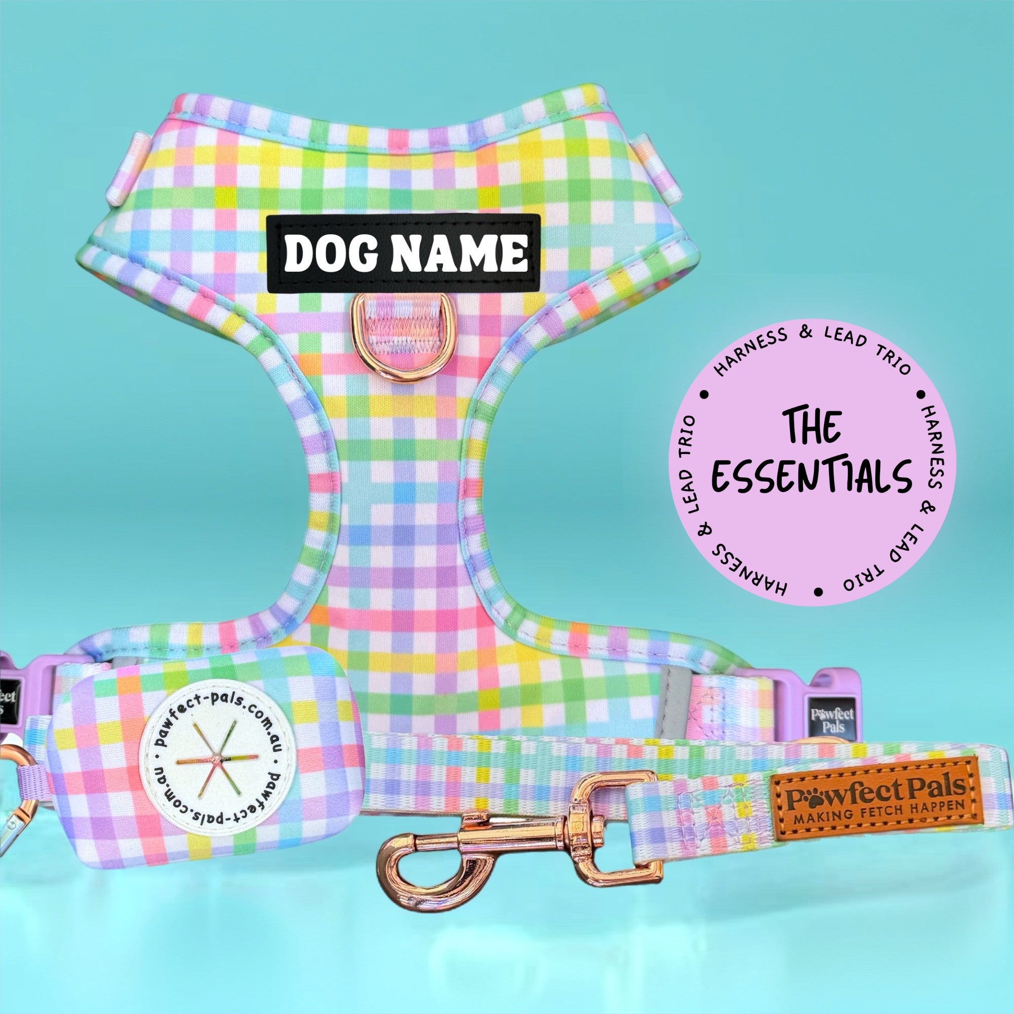 Rainbow Gingham Personalised Adjustable Harness Trio – Pawfect Pals
