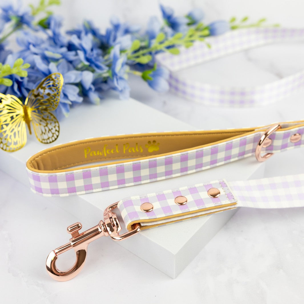 Social Butterfly - Purple Gingham vegan leather dog lead.