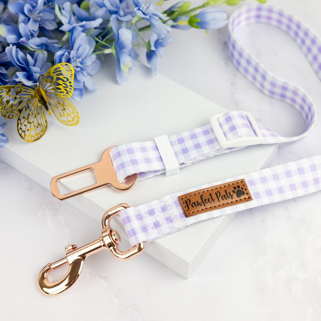 Social Butterfly - Purple Gingham car seat belt for dogs.