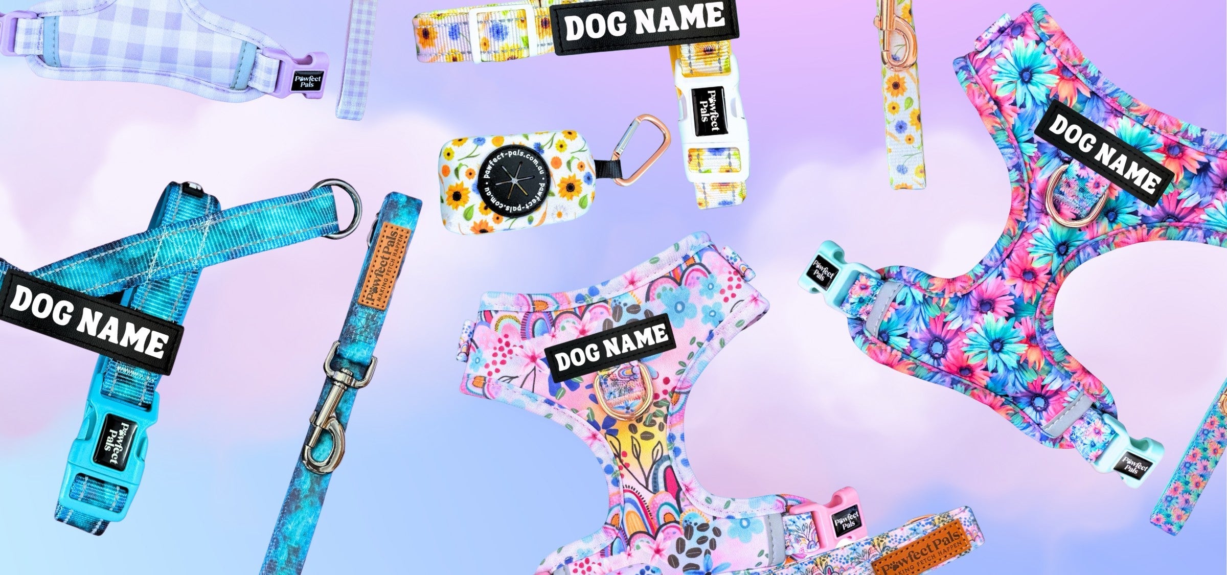 personalised harness trios and duos with lead and poo bag on clouds
