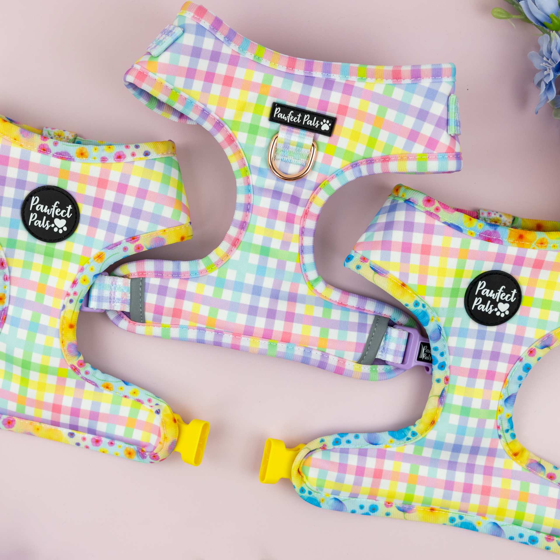 A collection of patterned dog harnesses.