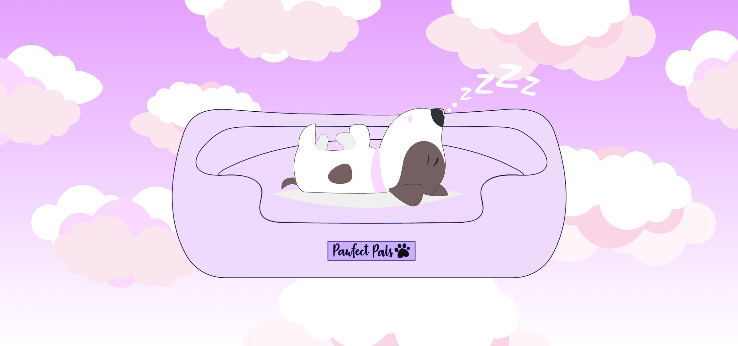 An illustration of a dog sleeping happily on a Pawfect Pals Snuggle Bud dog bed.