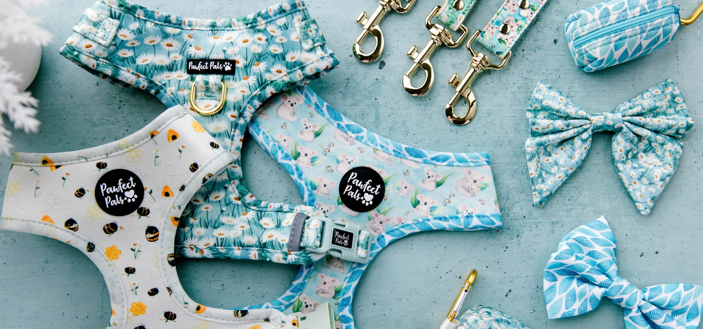 Walkies Pack Collection Image -Flatlay of Harnesses and bows