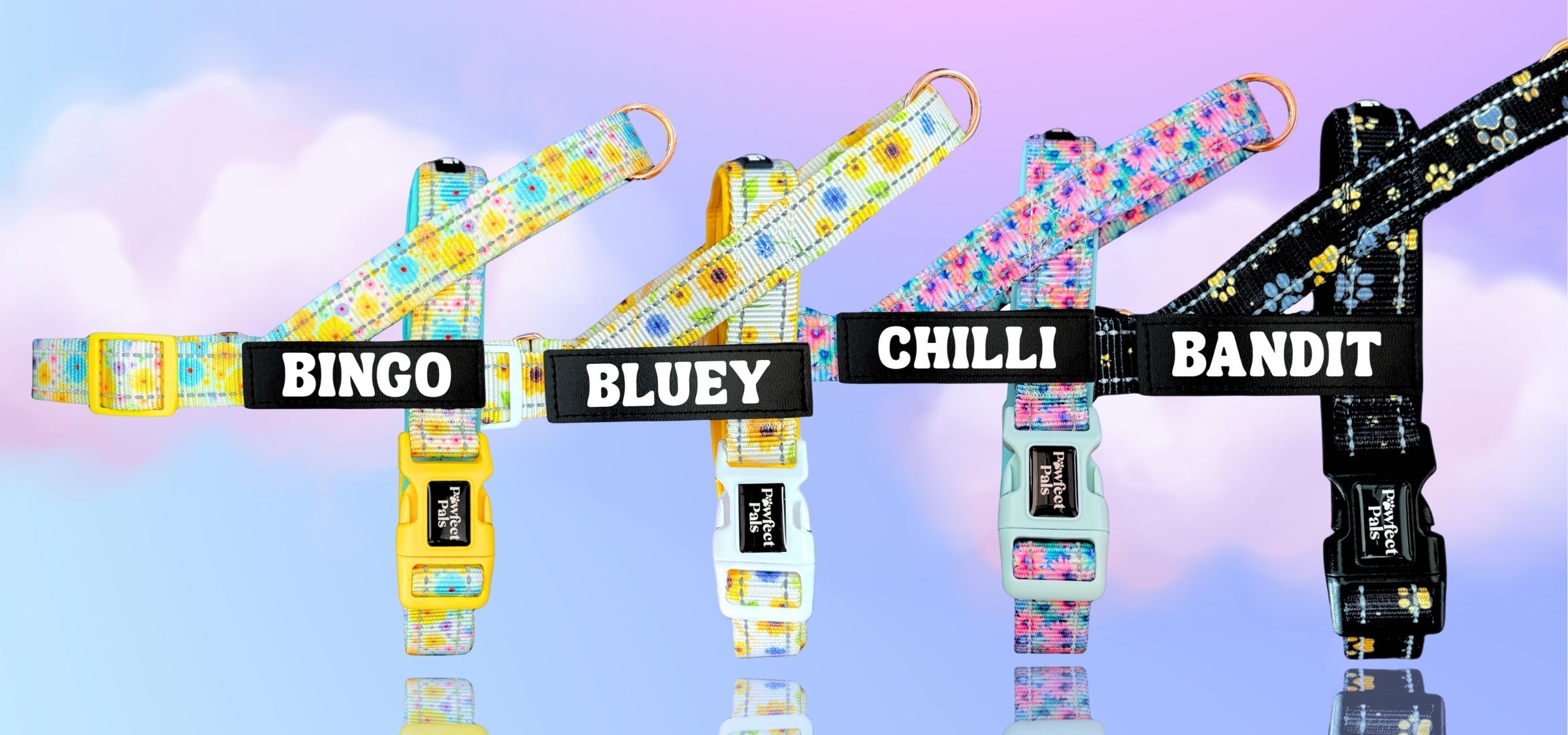 multicoloured strap harnesses with bluey names