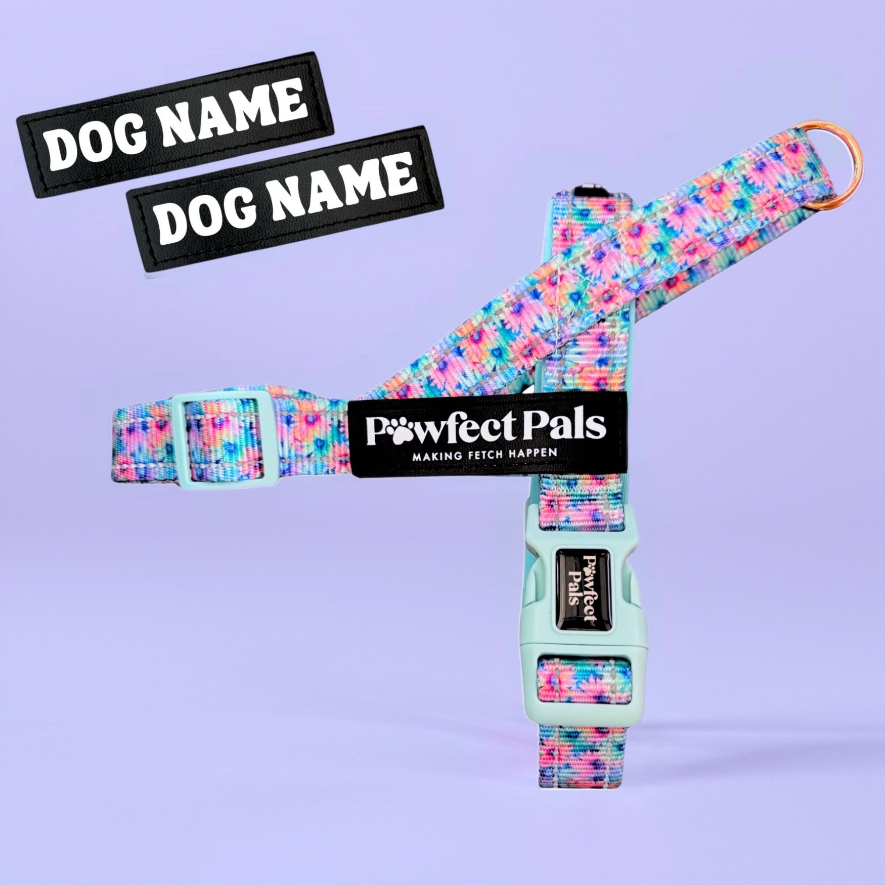 Pawfect Pals personalised strap dog harness with custom name option in colourful printed design