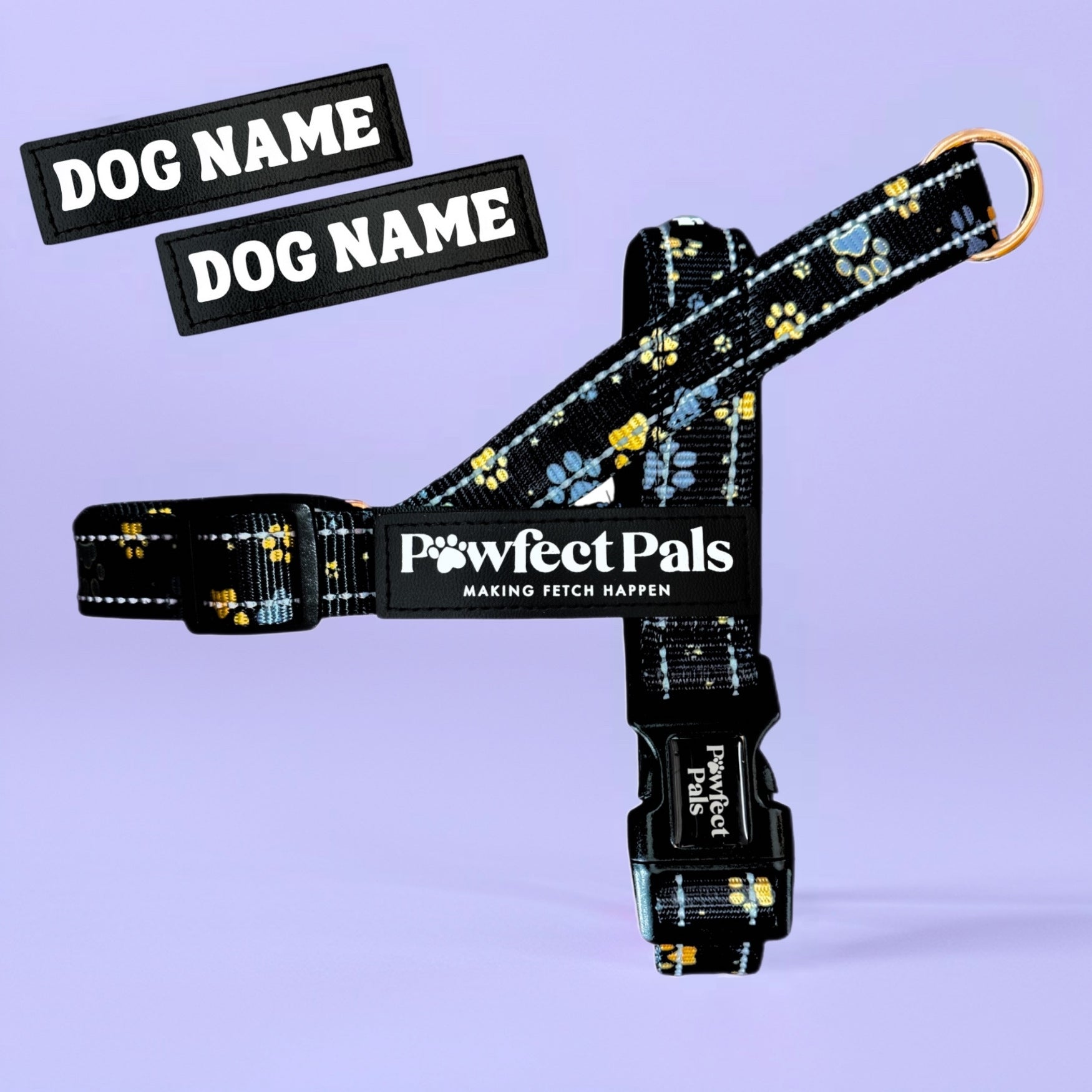 Dog harness with paw print design and 'Pawfect Pals' branding on a light purple background.