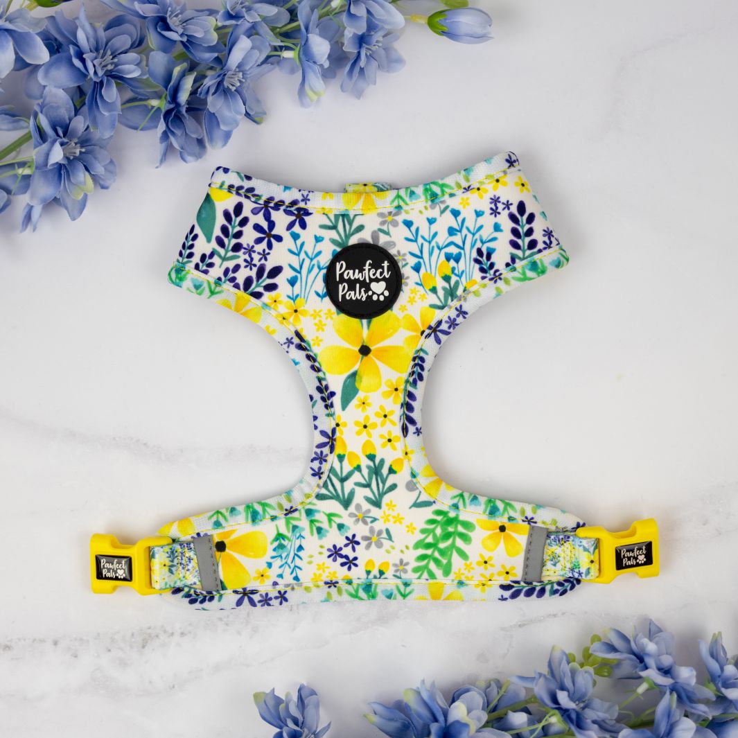 Yellow and Blue Flowers side of the Little Blossom reversible dog harness.