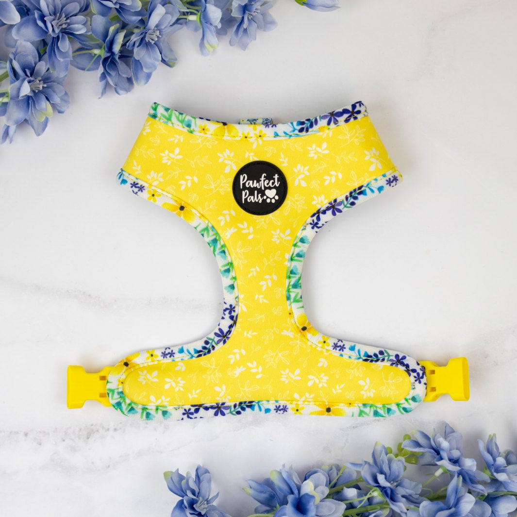Yellow Flowers side of the Little Blossom reversible dog harness.