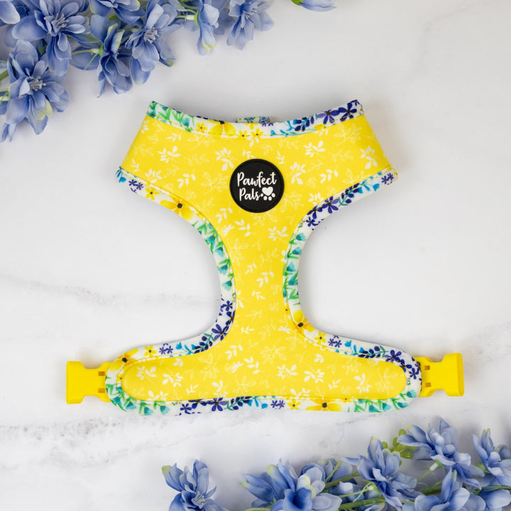 Yellow Flowers side of the Little Blossom reversible dog harness.