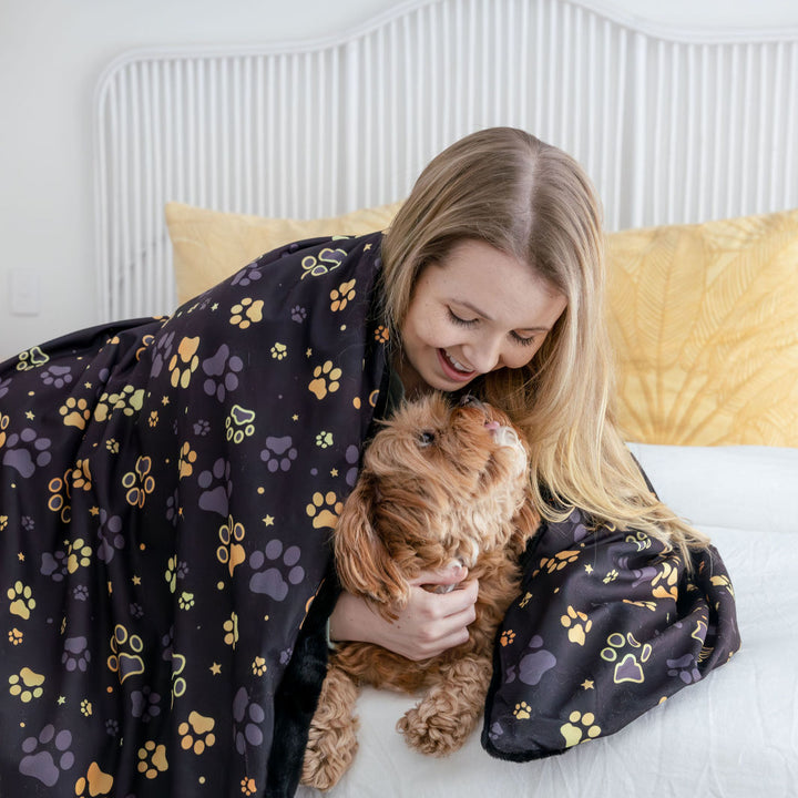 Bertie and Kyla in the I Love You BEARy Much Dog Blanket and Fur-niture Protector