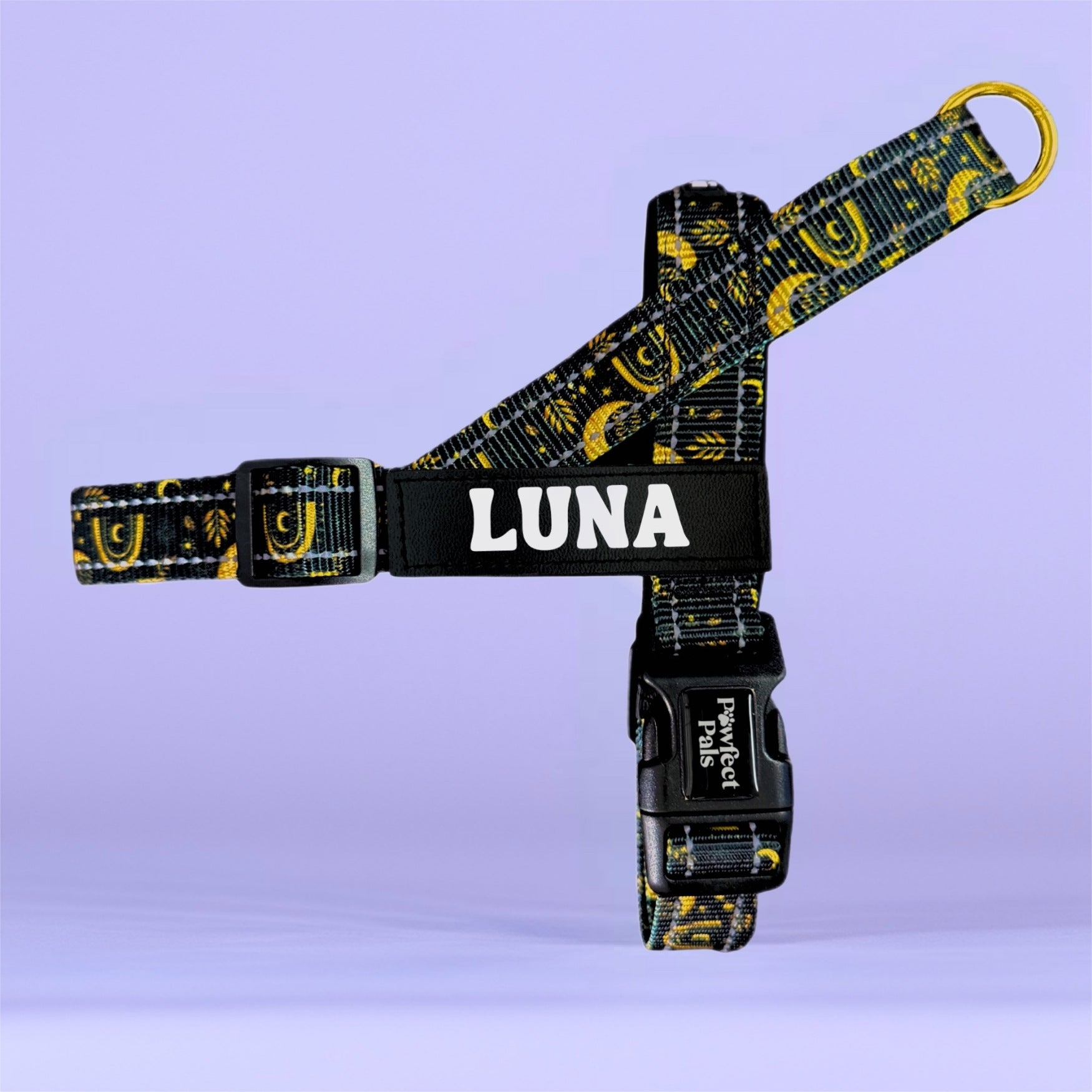 Pawfect Pals Midnight Sky personalised strap dog harness with custom name option in starry navy design