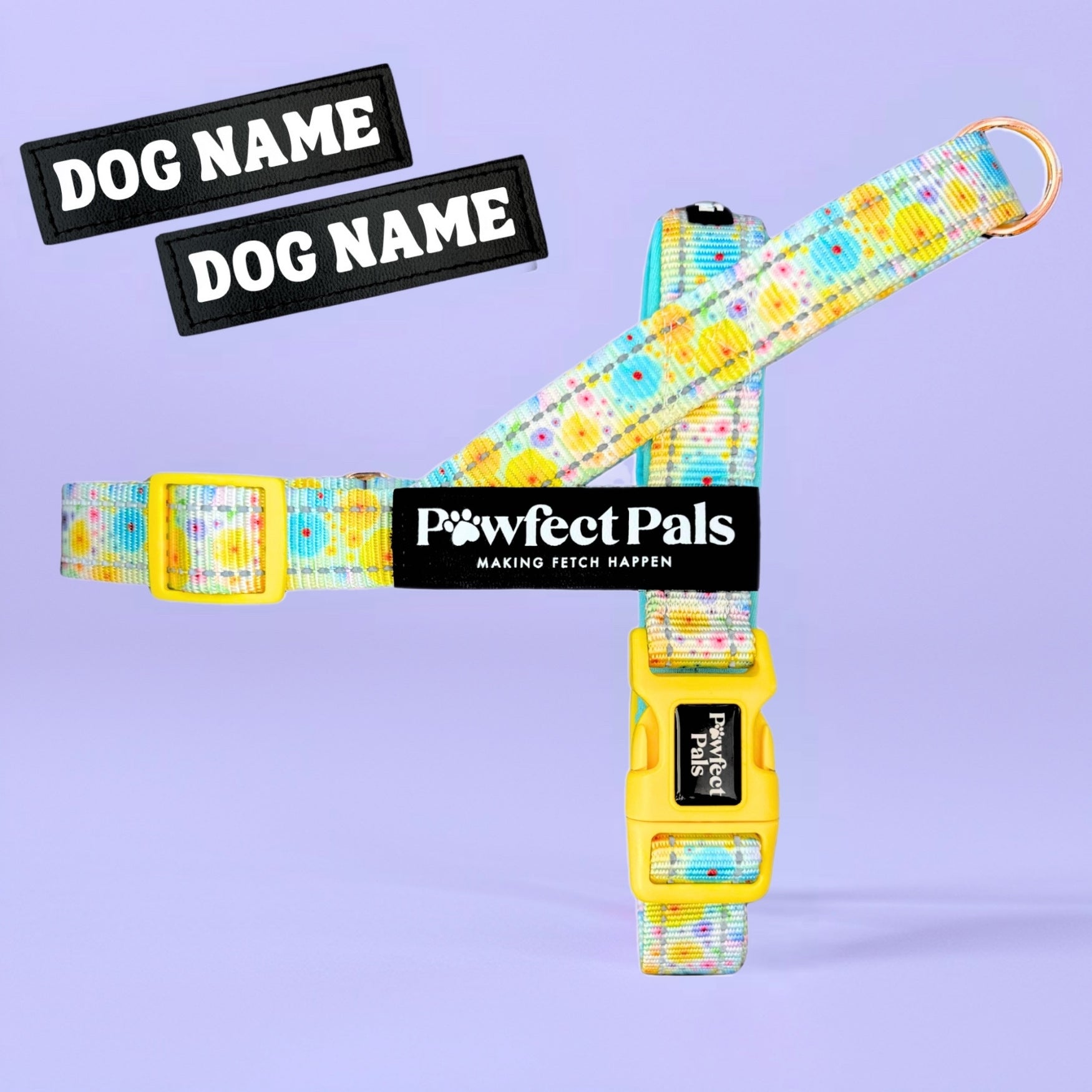Pawfect Pals personalised strap dog harness with custom name option in colourful printed design