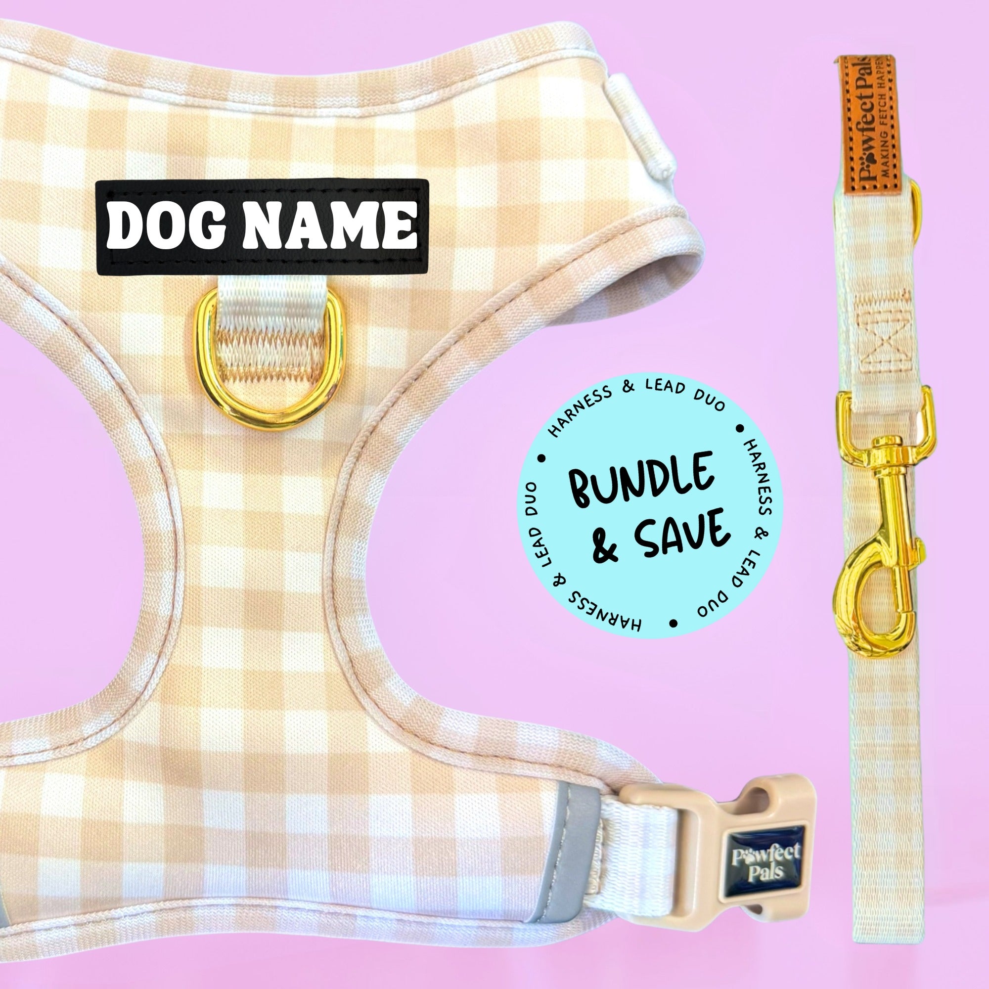Beige Gingham - Personalised Adjustable Harness Duo