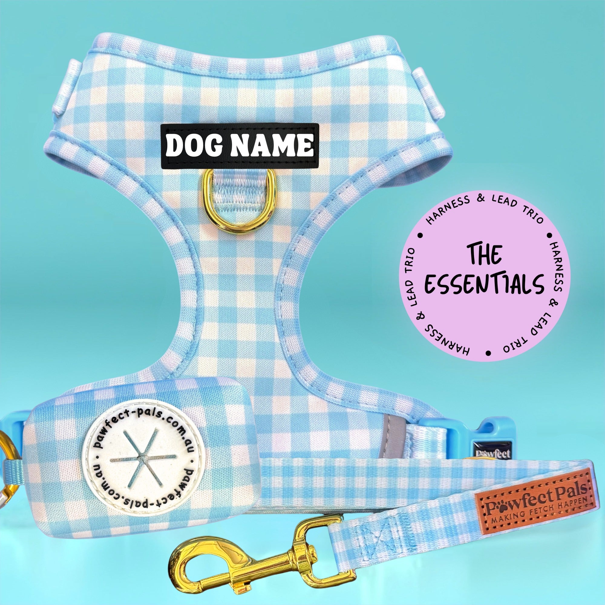 Blue Gingham - Personalised Adjustable Harness Trio