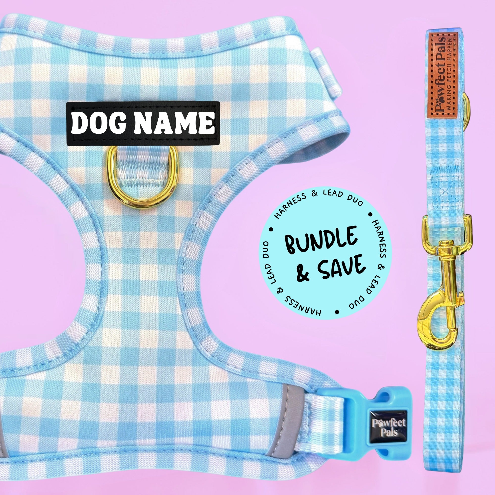 Blue Gingham - Personalised Adjustable Harness Duo
