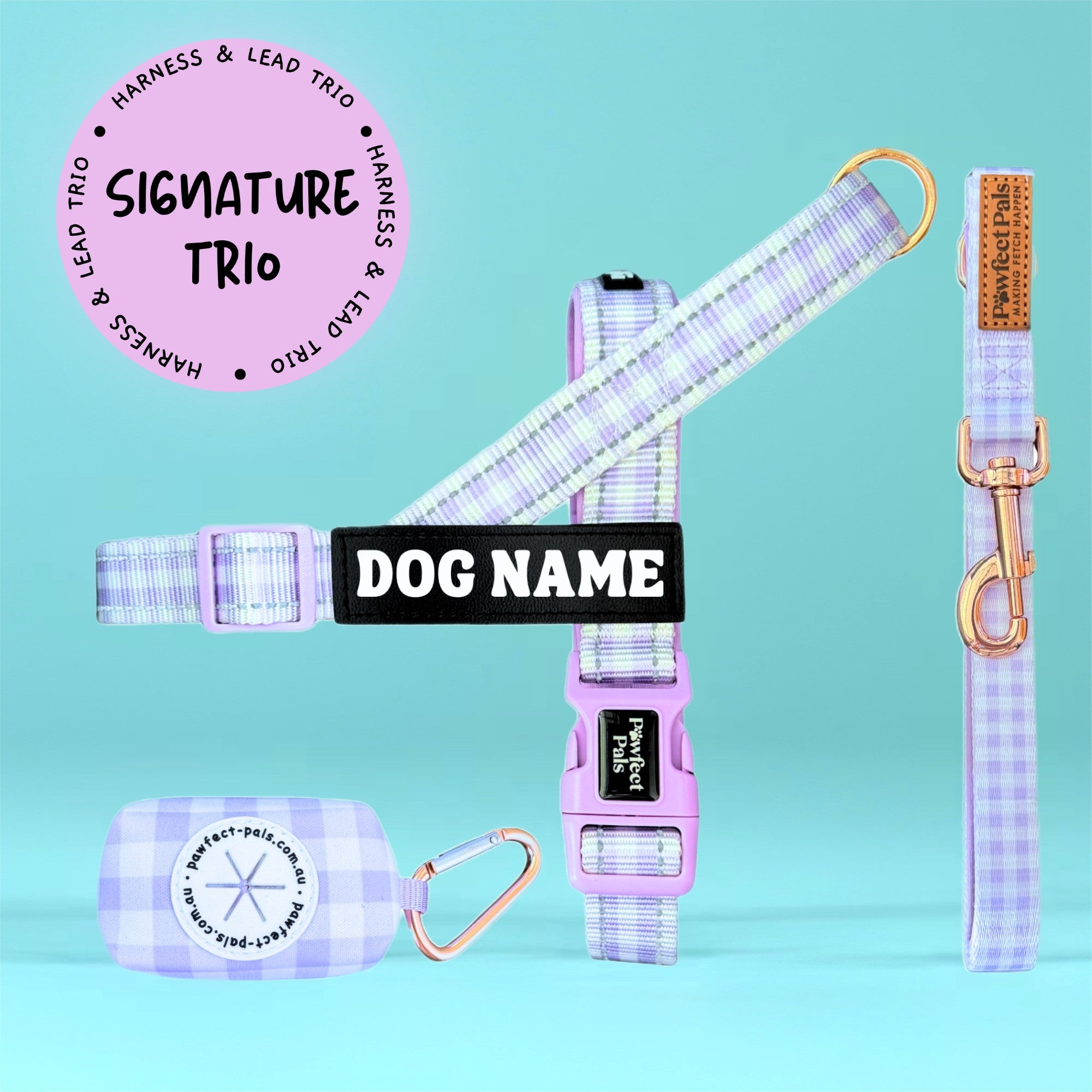 Purple Gingham - Personalised Strap Harness Trio