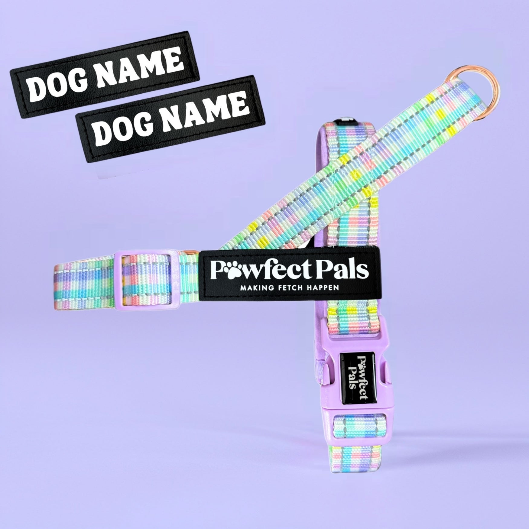 Pawfect Pals personalised strap dog harness with custom name option in colourful printed design