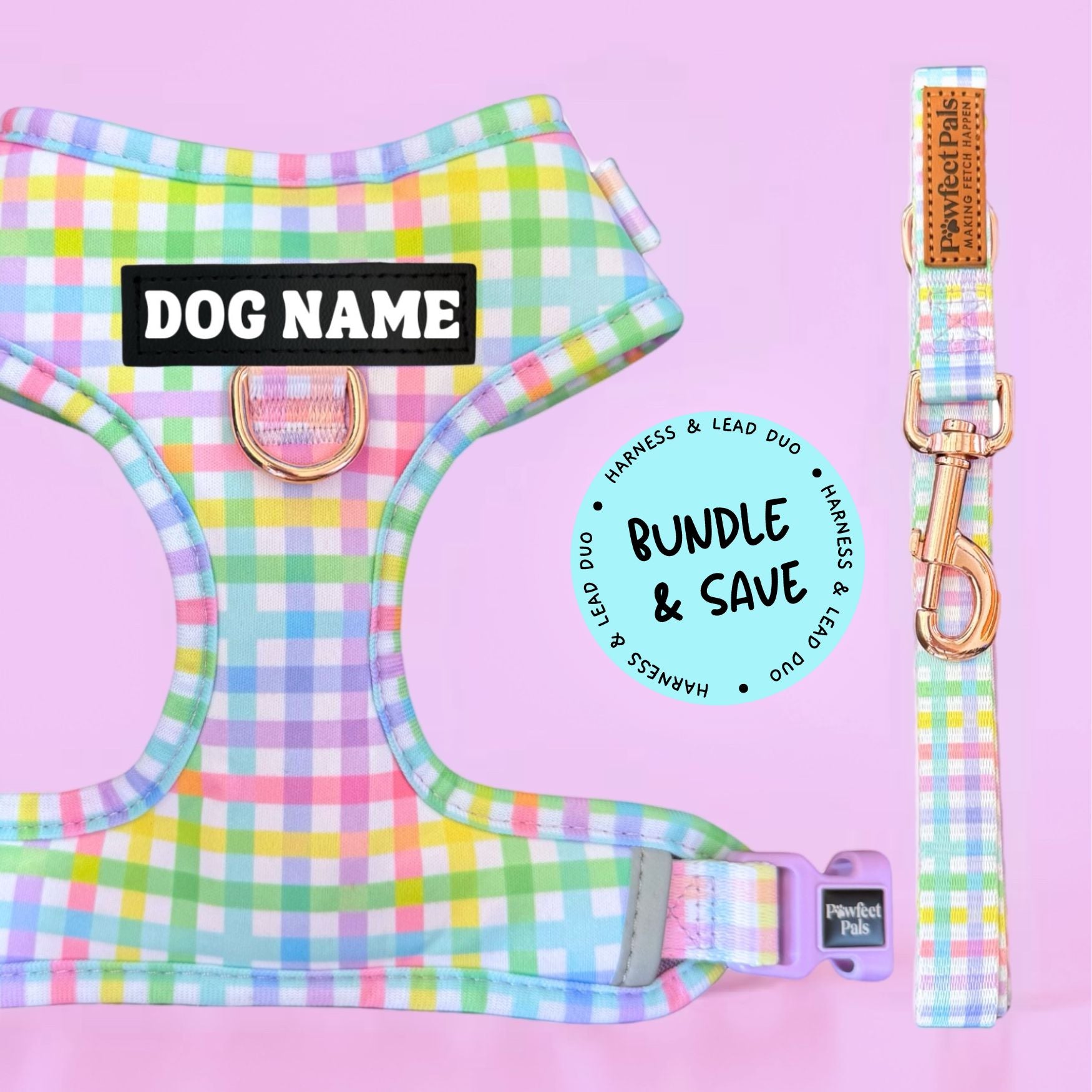 Rainbow Gingham - Personalised Adjustable Harness Duo