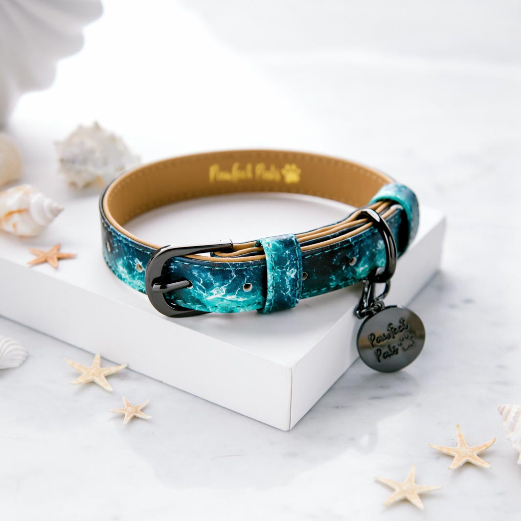 Shell Yeah - Ocean Waves vegan leather dog collar.