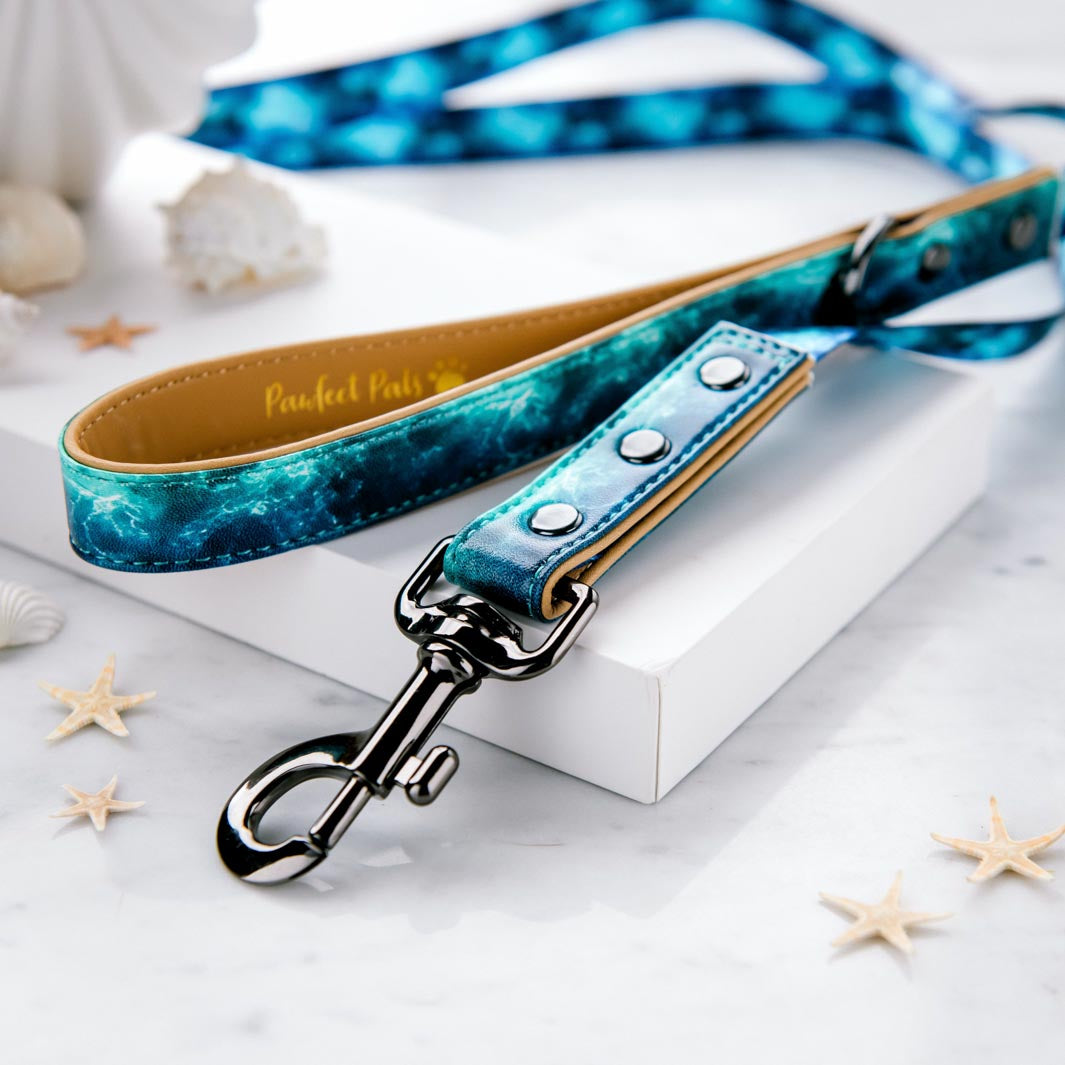 Shell Yeah - Ocean Waves vegan leather dog lead.