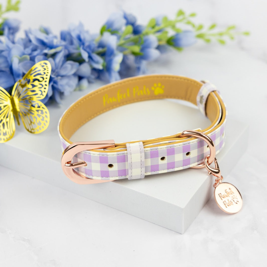 Social Butterfly - Purple Gingham vegan leather dog collar.