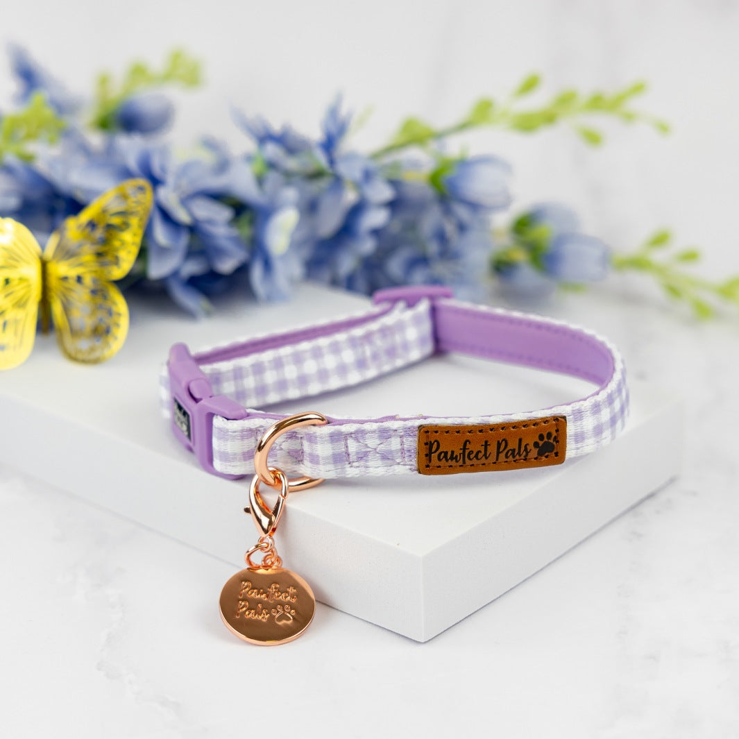 Social Butterfly - Purple Gingham soft dog collar.