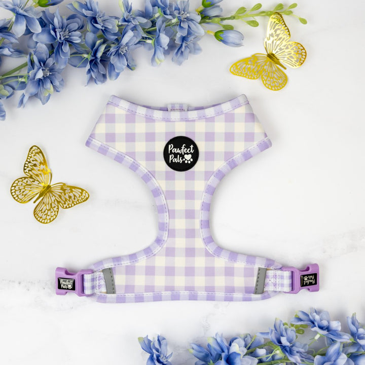 Purple Gingham side of the Social Butterfly reversible harness.