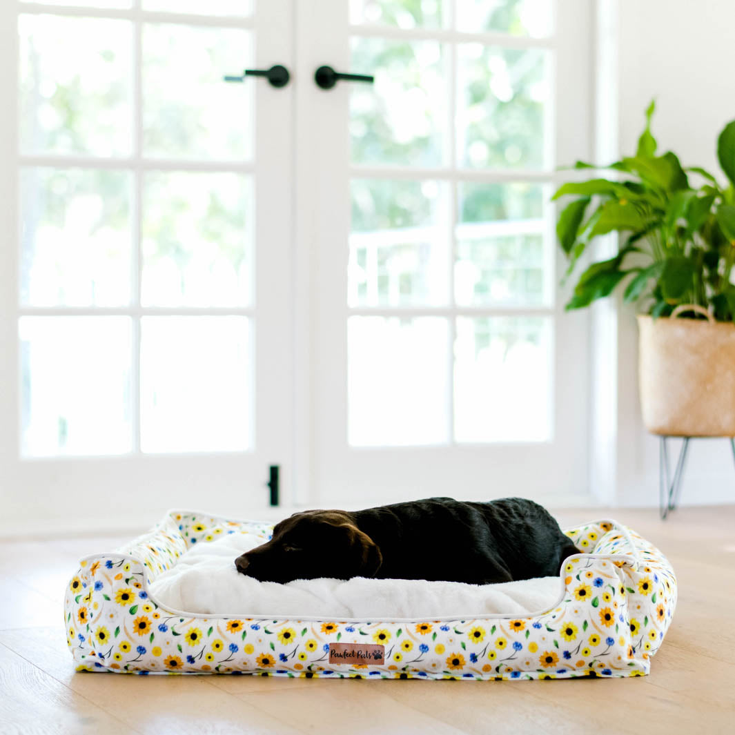 Sunshine on my Mind snuggle bud dog bed in large.
