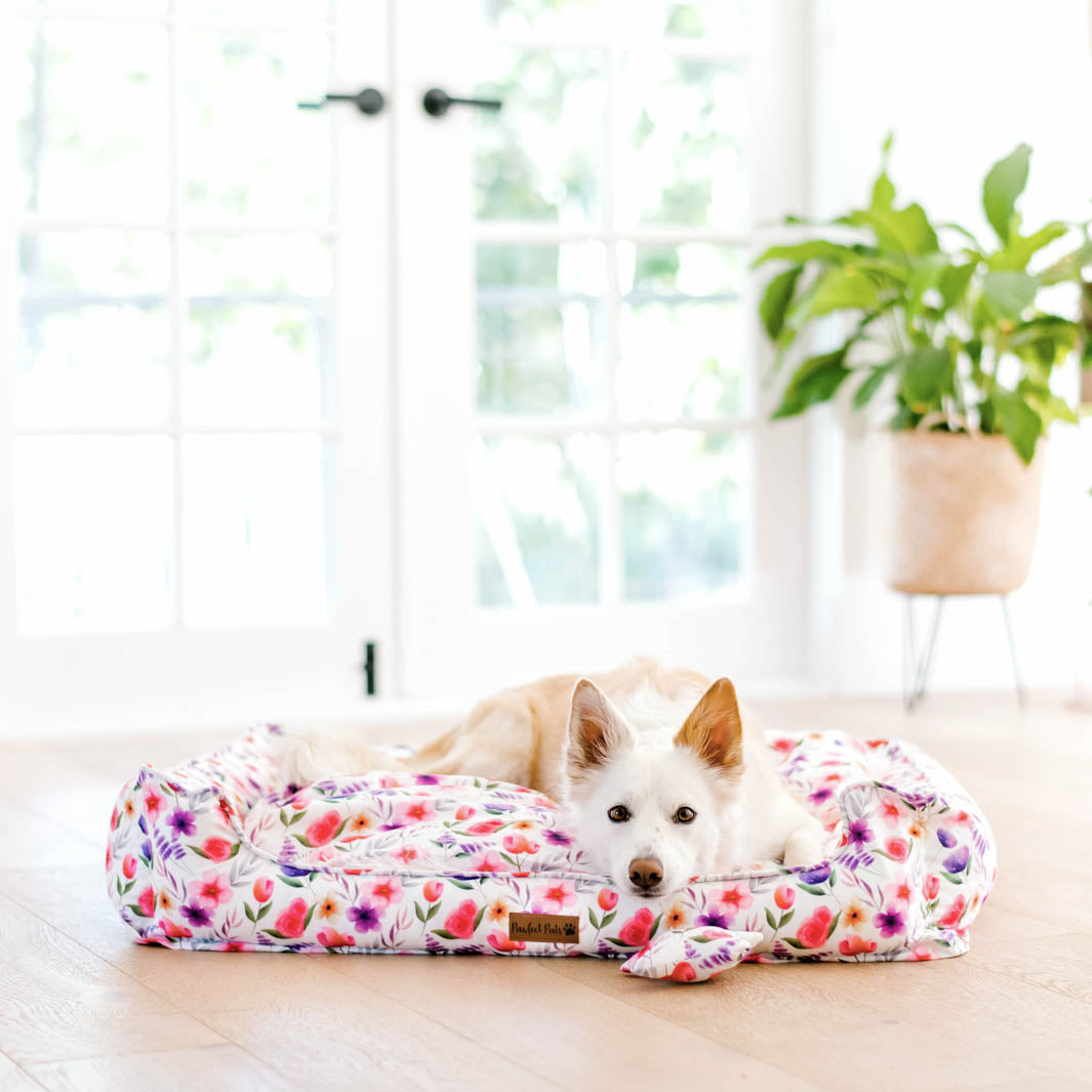 Think Pretty Thoughts - Bouquet Snuggle Bud dog bed in XL.