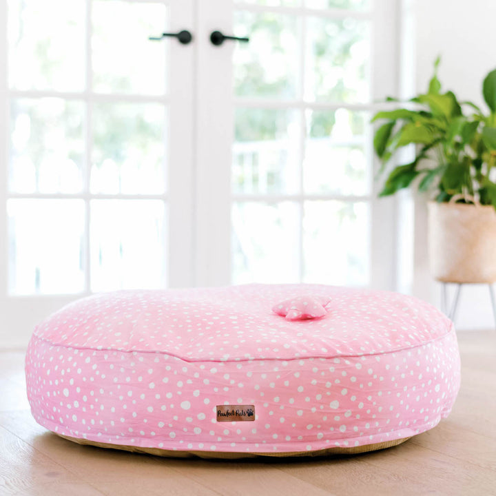 Think Pretty Thoughts - Pink Dots cuddle bud dog bed in large.