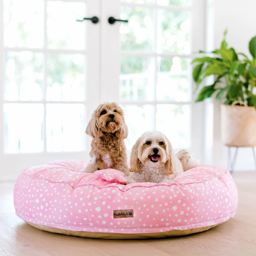 Think Pretty Thoughts - Pink Dots cuddle bud dog bed in large.