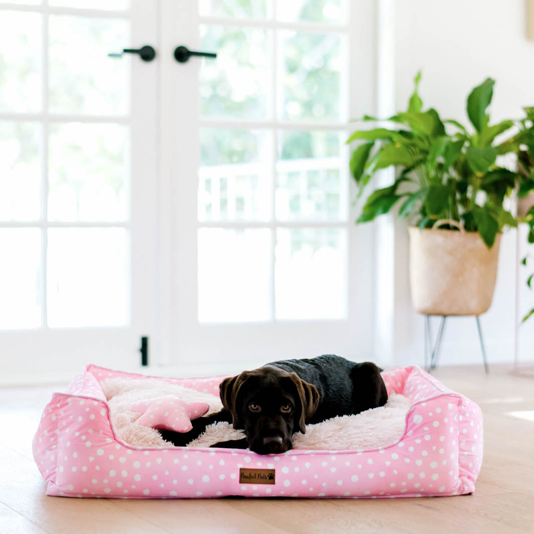 Think Pretty Thoughts - Pink Dots snuggle bud dog bed in large.