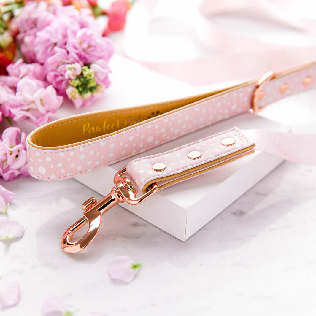 Think Pretty Thoughts - Pink Dots vegan leather dog lead.