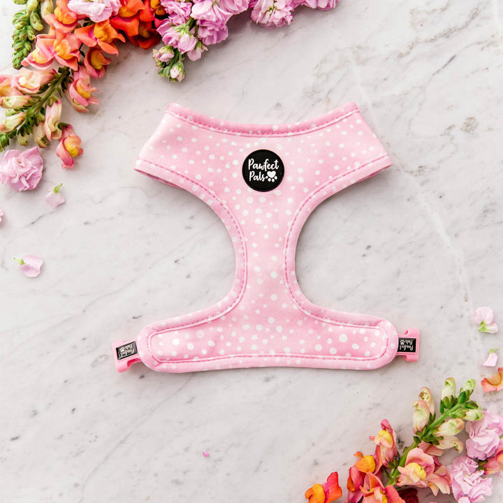 Pink Dots side of the Think Pretty Thoughts reversible harness.