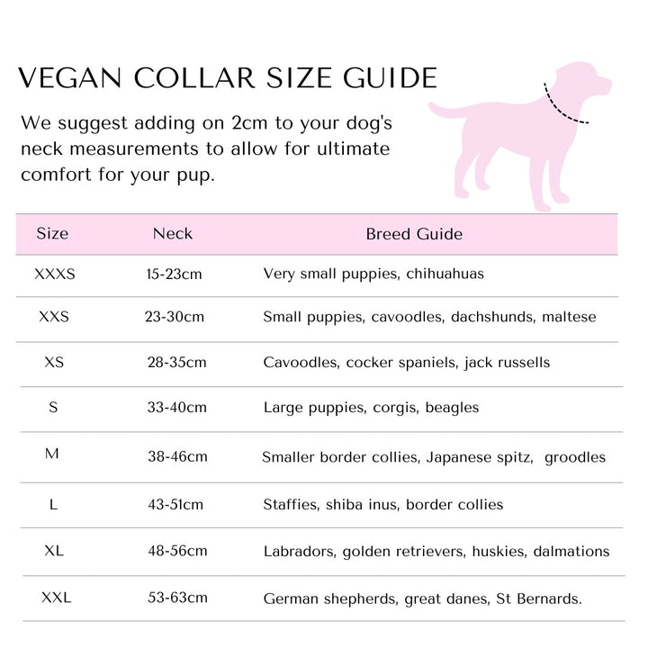 Walkies Pack collar size guide.