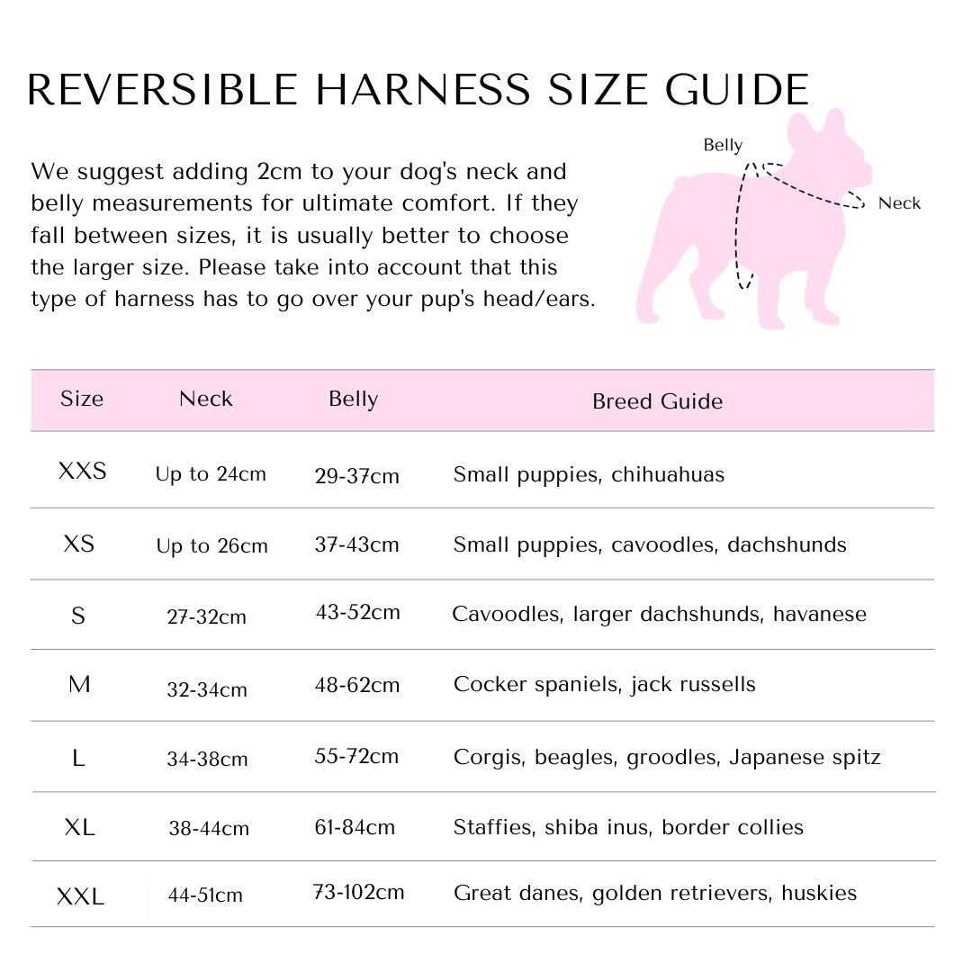 Walkies Pack reversible harness size guide.