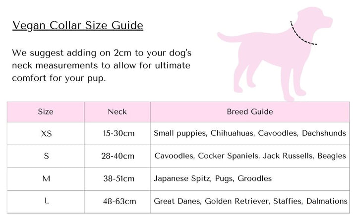 Walkies Pack vegan leather dog collar size guide.