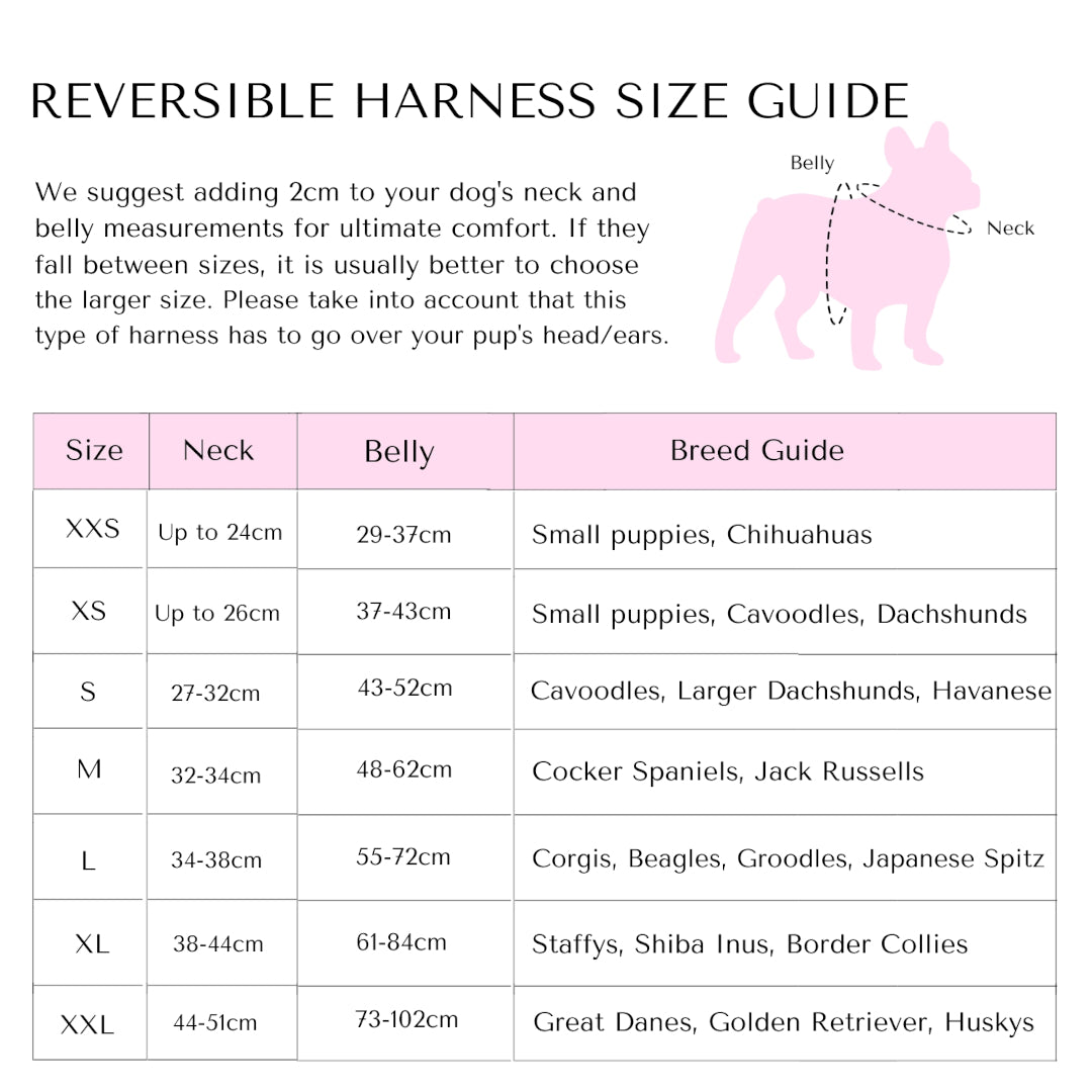 Walkies Pack reversible harness size guide.