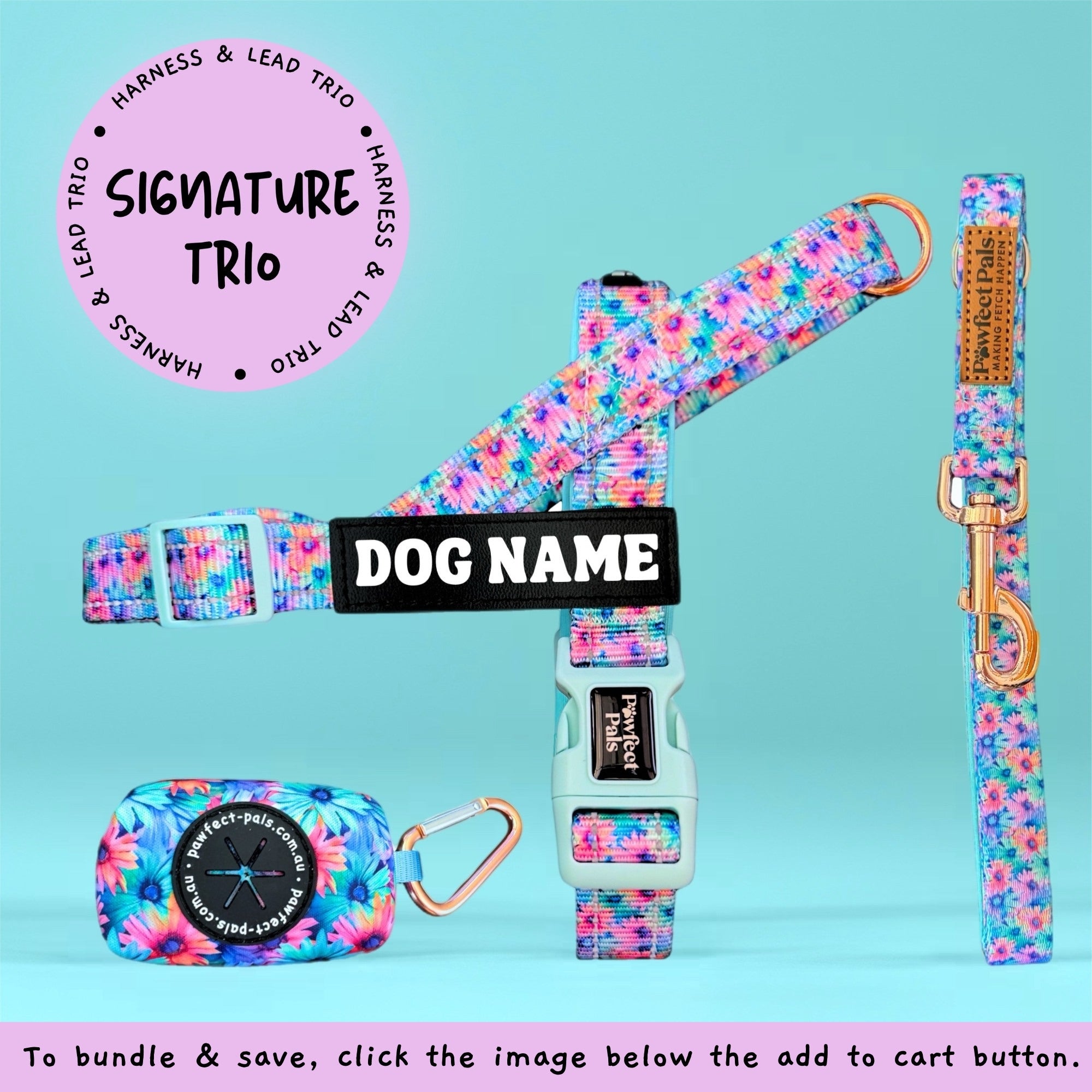 Floral dog collar, leash, and harness set with customizable name tag on a light blue background.