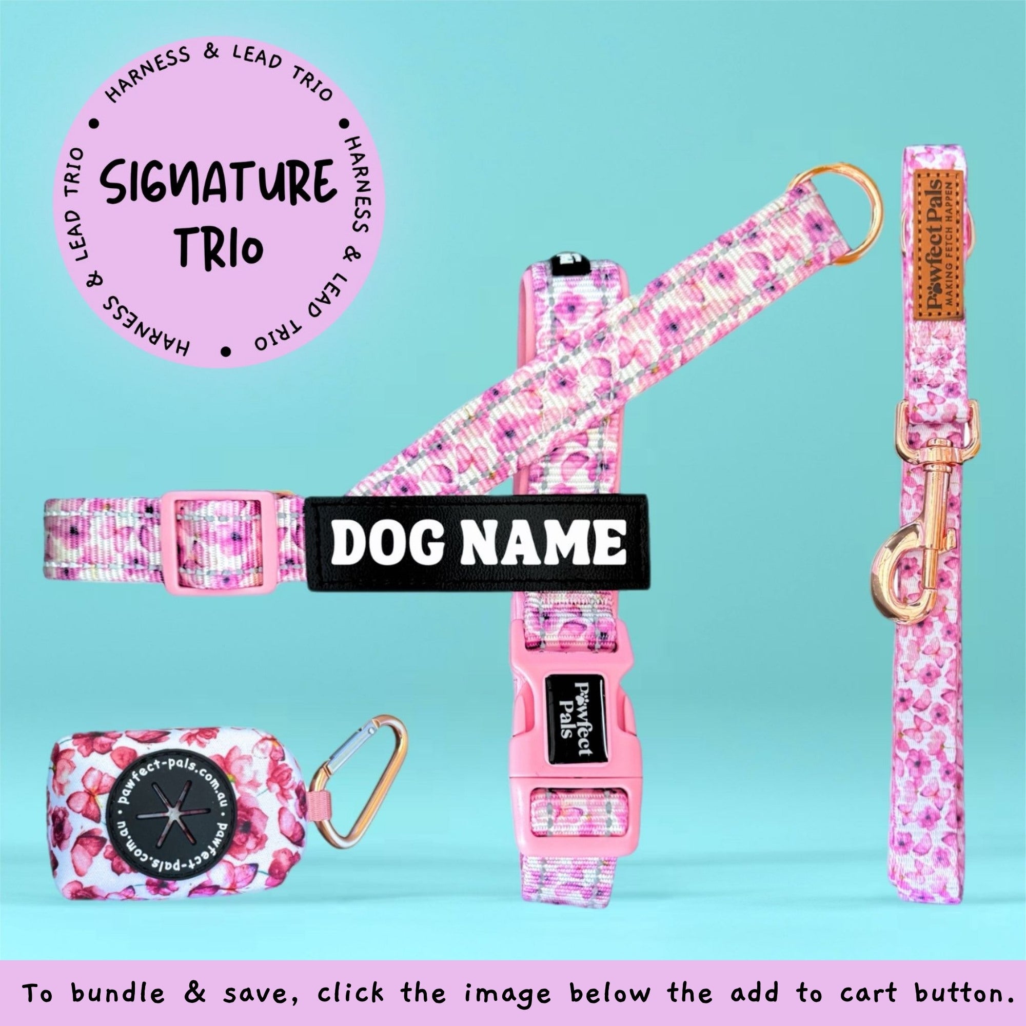 Floral dog collar, leash, and harness set with customizable name tag on a teal background.
