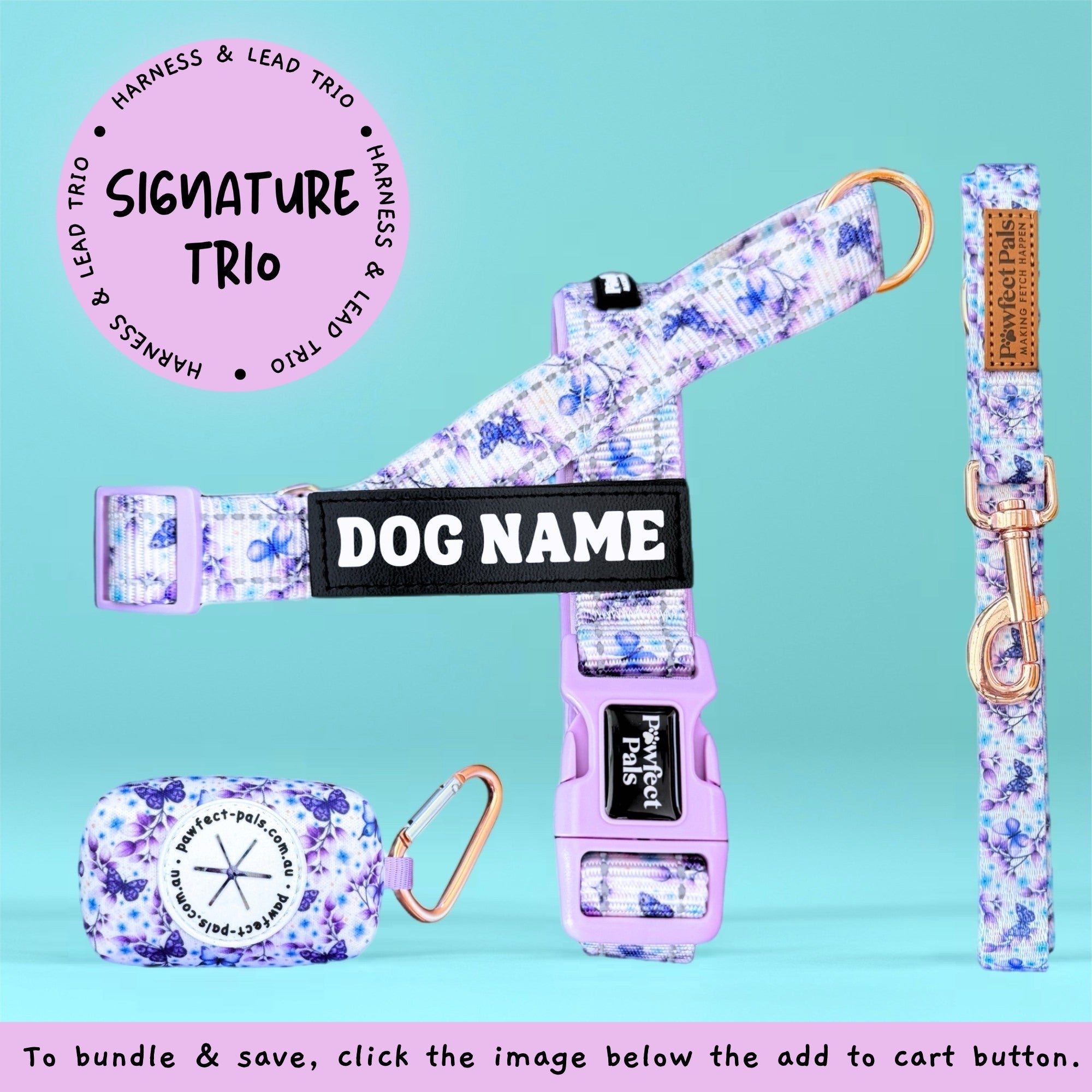 Floral dog harness, leash, and tag set on a teal background with 'Perfect Pals' branding.
