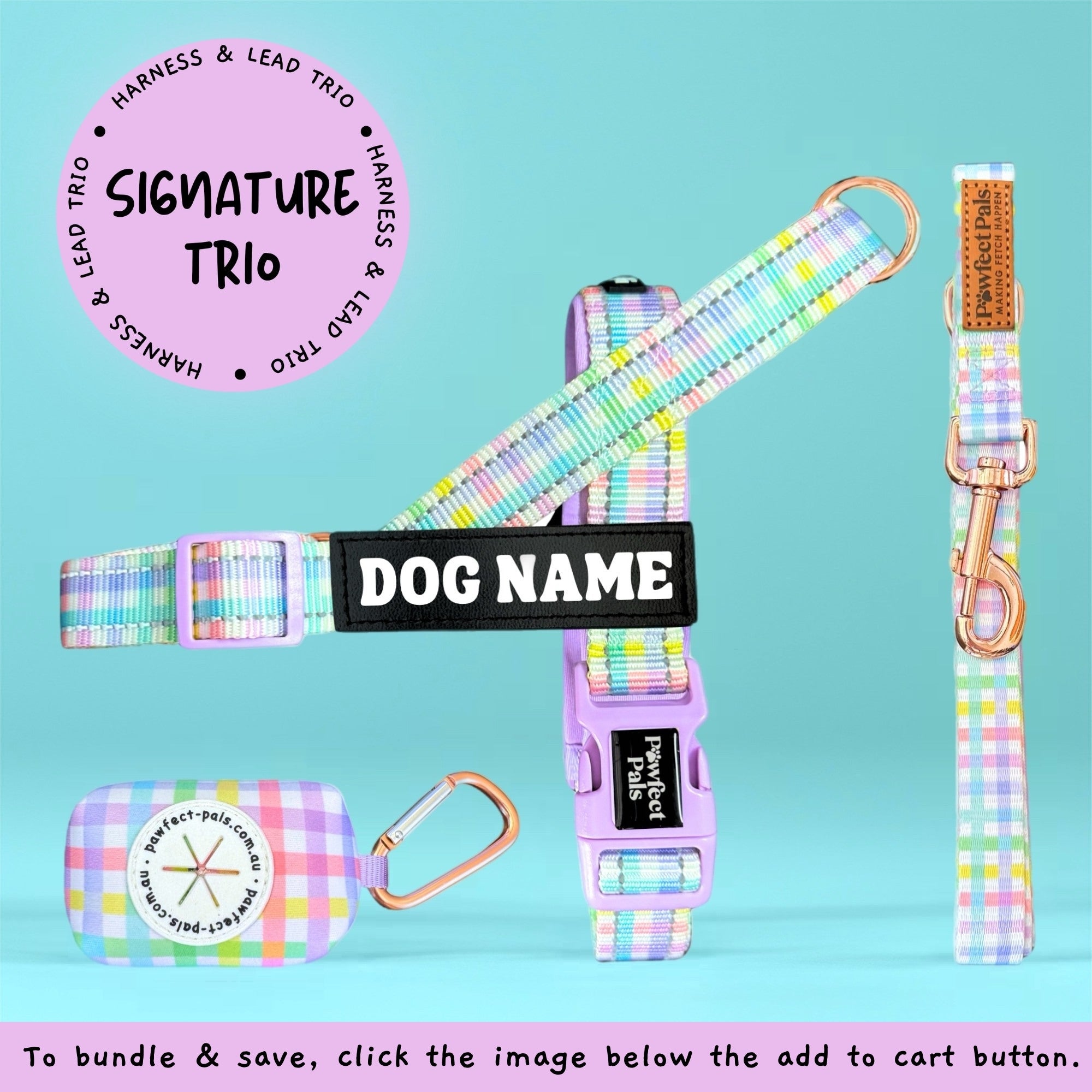 Pastel plaid dog collar, leash, and harness set with 'Pawfect Pairz' branding on a teal background.