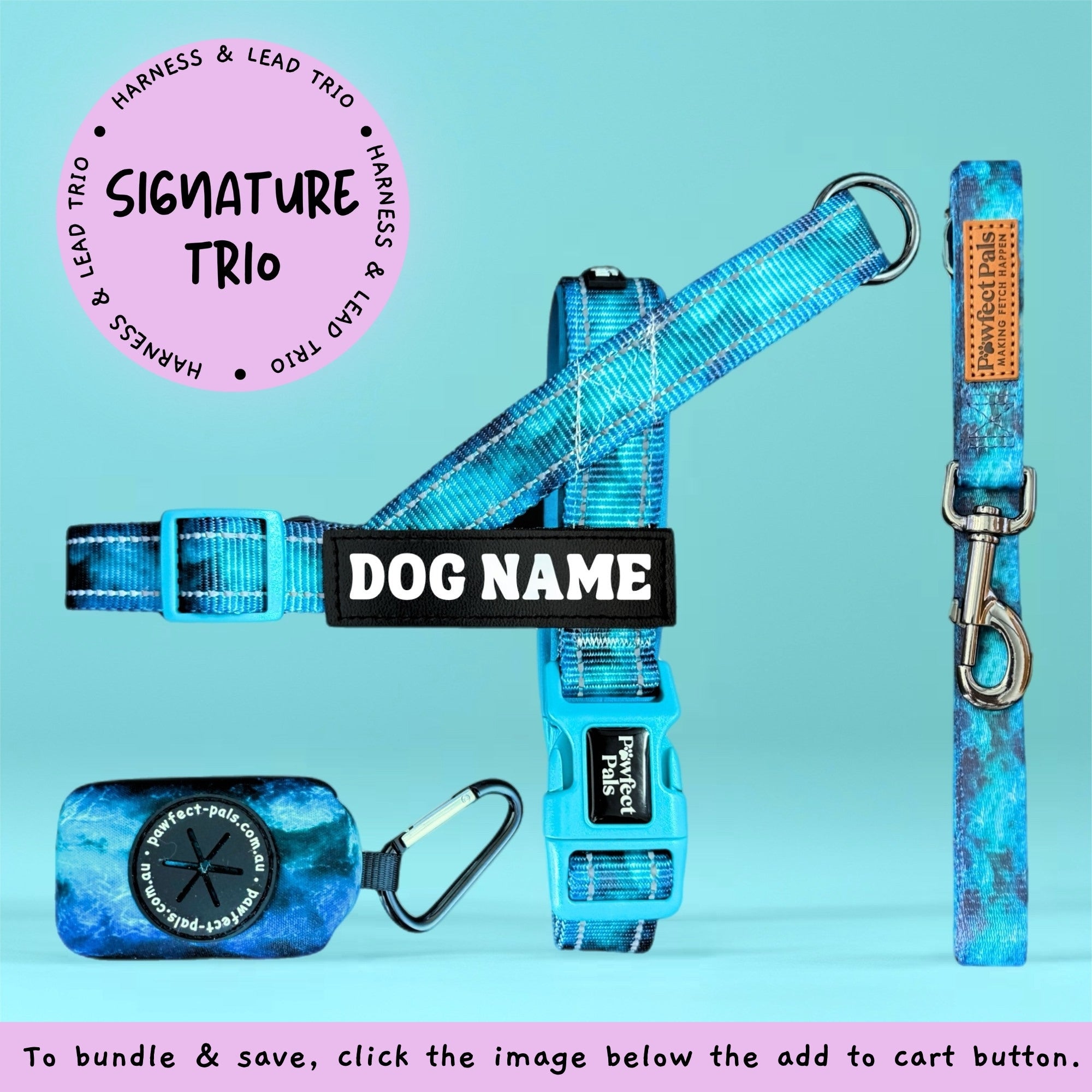 Blue dog collar, leash, and tag on a light blue background with 'Signature Trio' branding.