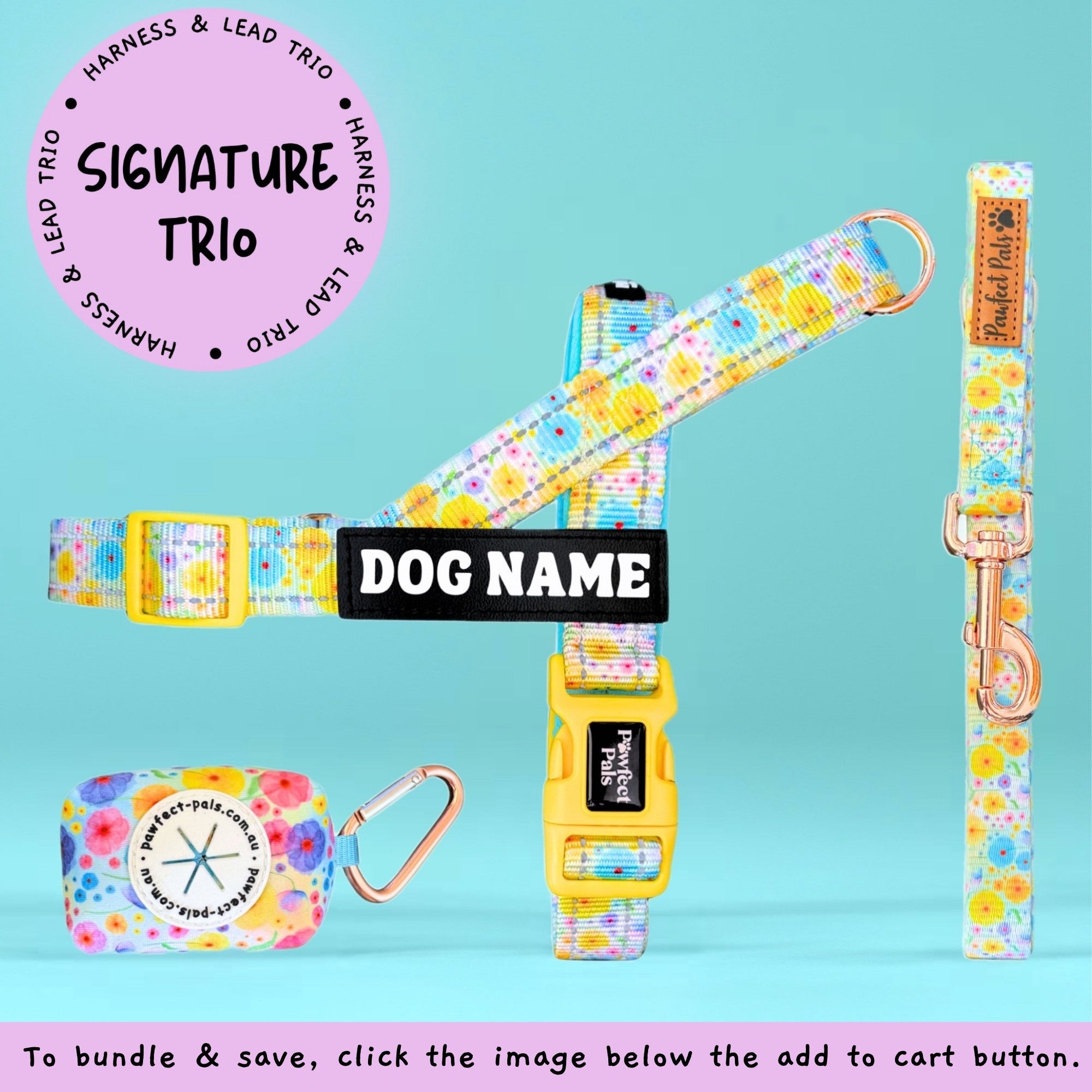 Floral dog collar, leash, and tag set on a blue background with 'Signature Trio' branding.