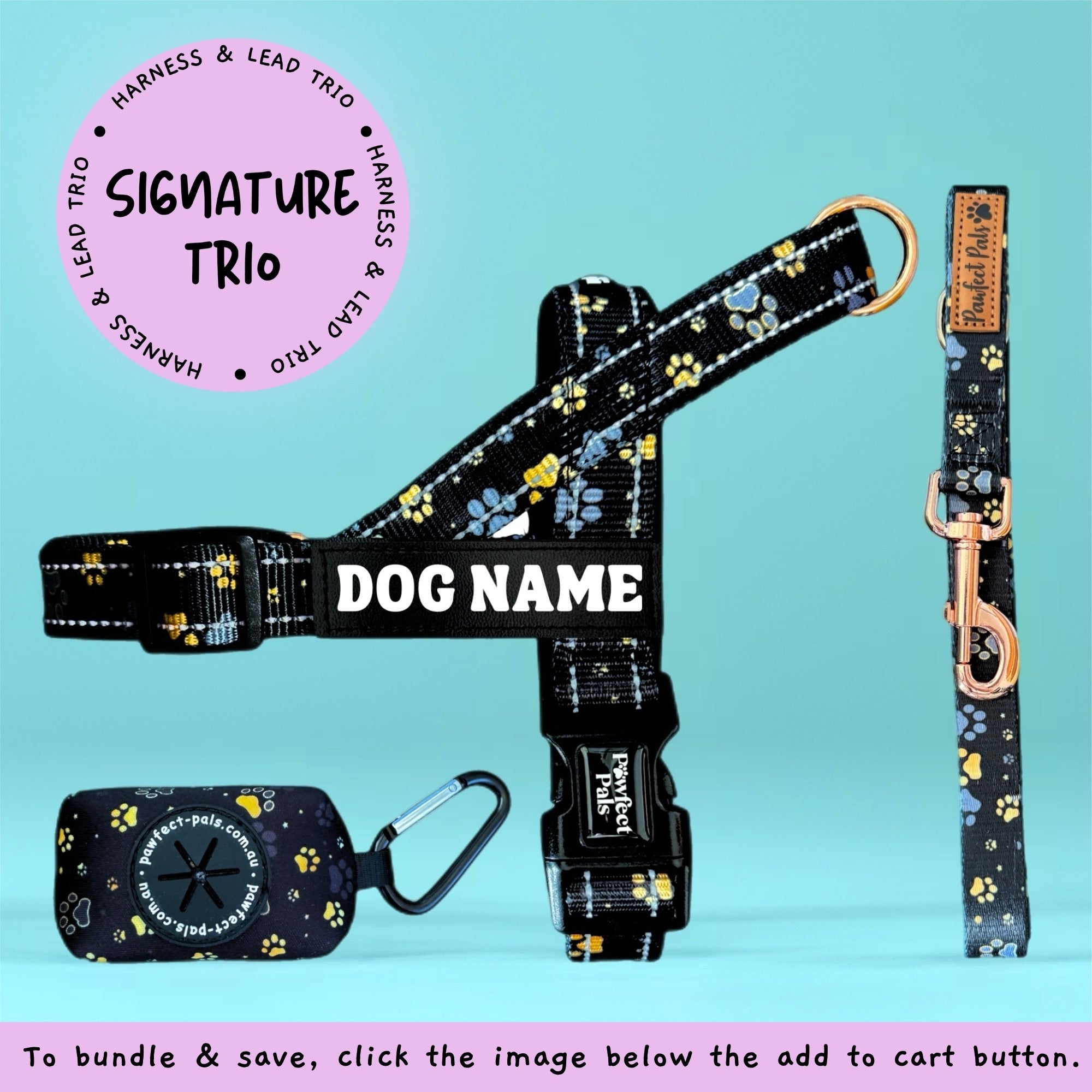 Dog harness, leash, and tag set with floral pattern on a light blue background