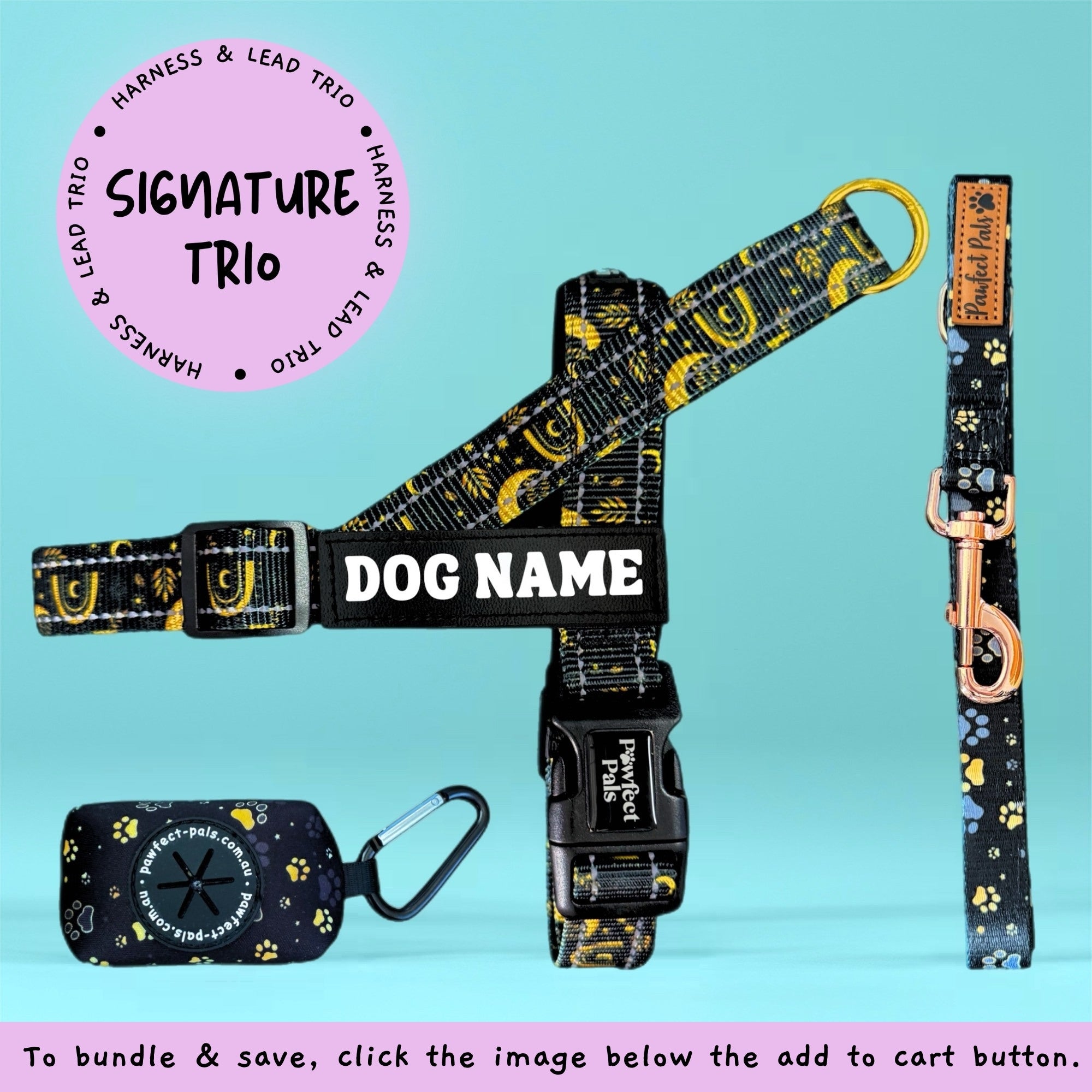 Dog harness, leash, and carabiner set with customizable text on a blue background
