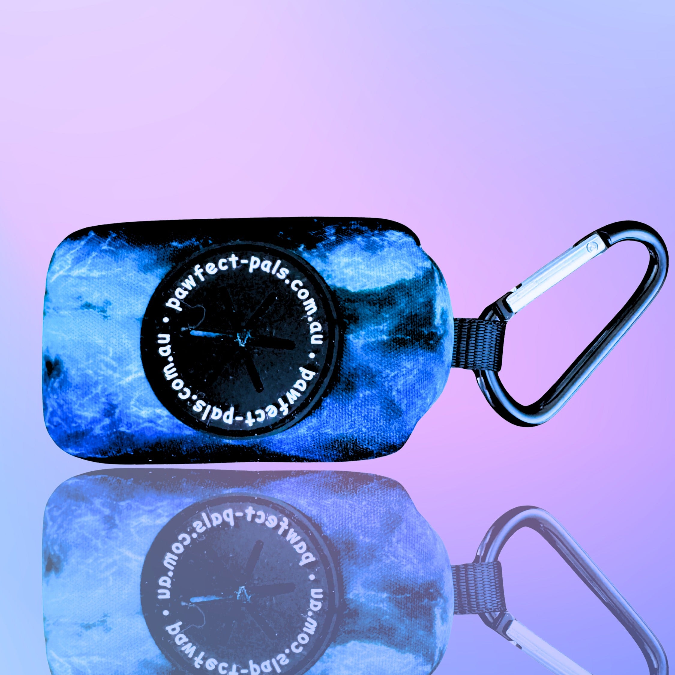 Blue marbled keychain with carabiner on a purple gradient background