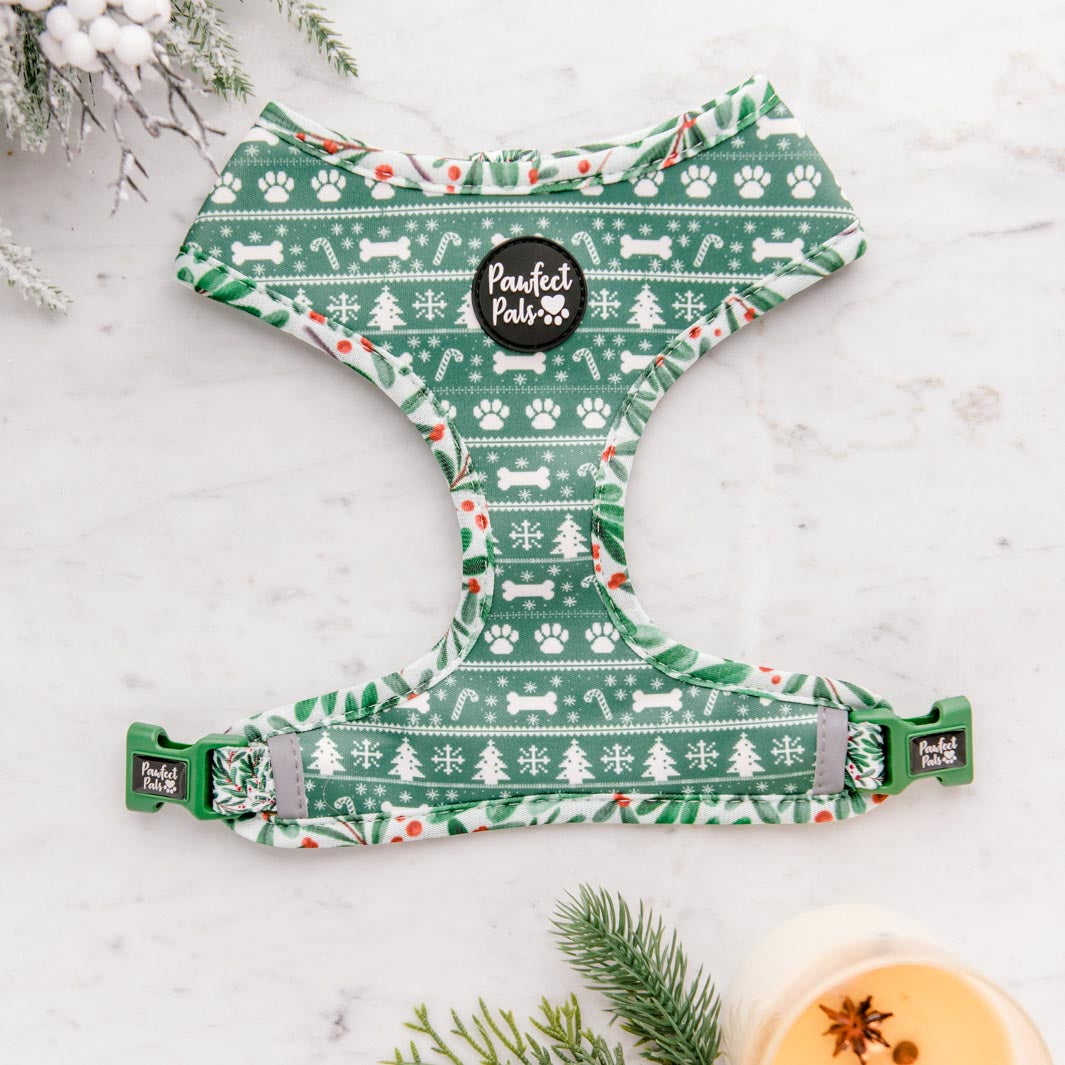 Deck the Paws reversible harness - Green Sweater design.